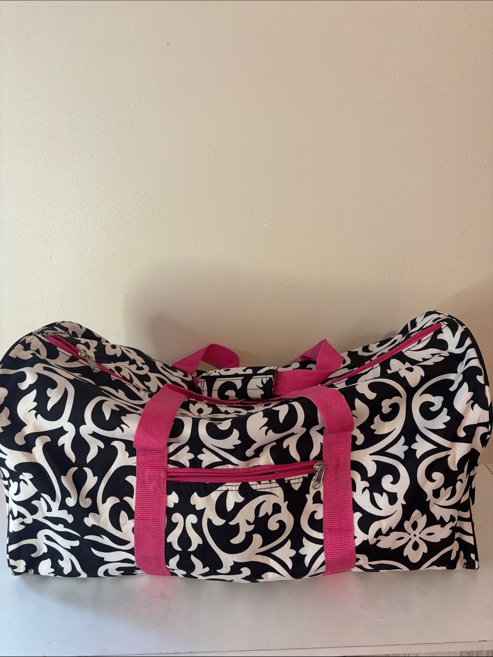 Source Unknown Black & White Patterned Travel Duffel with Hot Pink Straps
